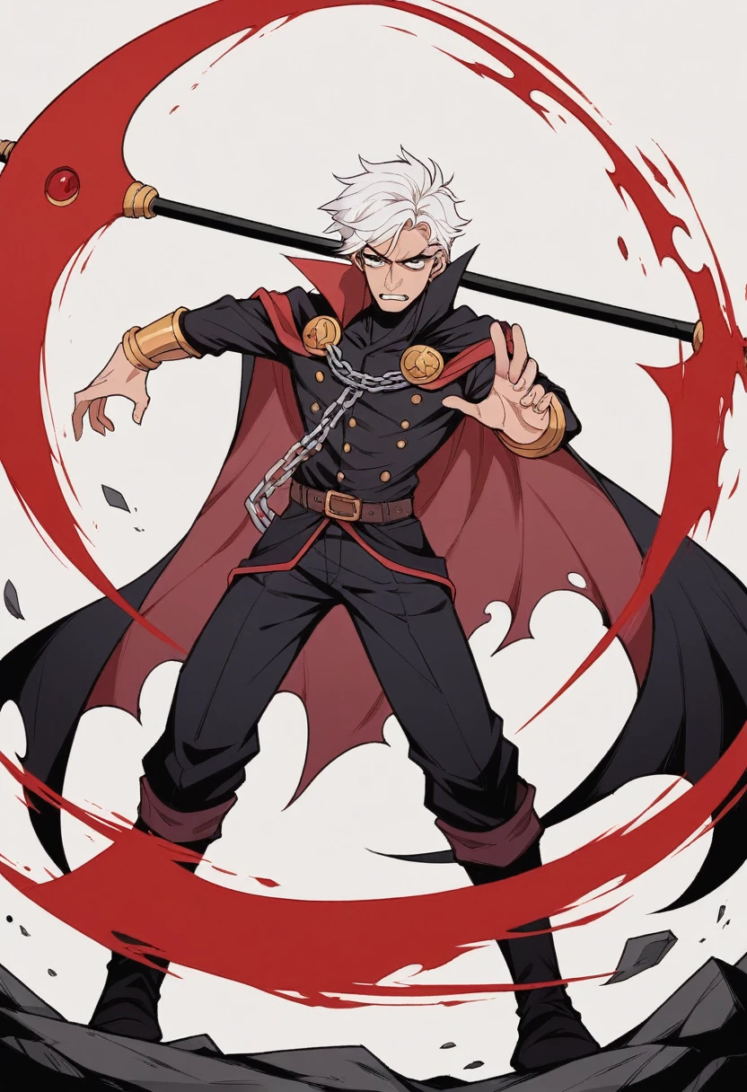 ((アニメ)),((detailded))A half demon of d&d,magician,,cape and red campus,rogue outfit,an iron bracelet with a mouth at the bottom,two daggers attached to the waist,a spear in the back,a scythe at the waist,a crowbar stuck in the leg,a black covered book with chains and a padlock in his hand 