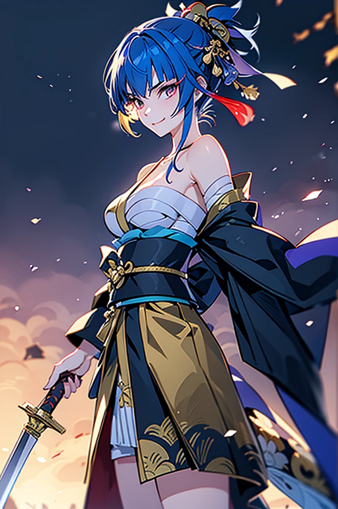 roll up bandage on a chest tightly to cover the chest without gaps under kimomo, Japanese Gangster BOSS, adult woman with the dignified presence, Killing Qi, wear the kimono, kimono come off ,wear the kimono multiple times, Bare shoulders and the clavicle, black and gold kimono, put on over jacket of kimono, holding a japanese sword which shine in purple, long sword, eye fire, low angle, whole body, bandage is seen, anime character, inappropriate smile, off sholder, nappropriate smile, Excellent, blue hair
