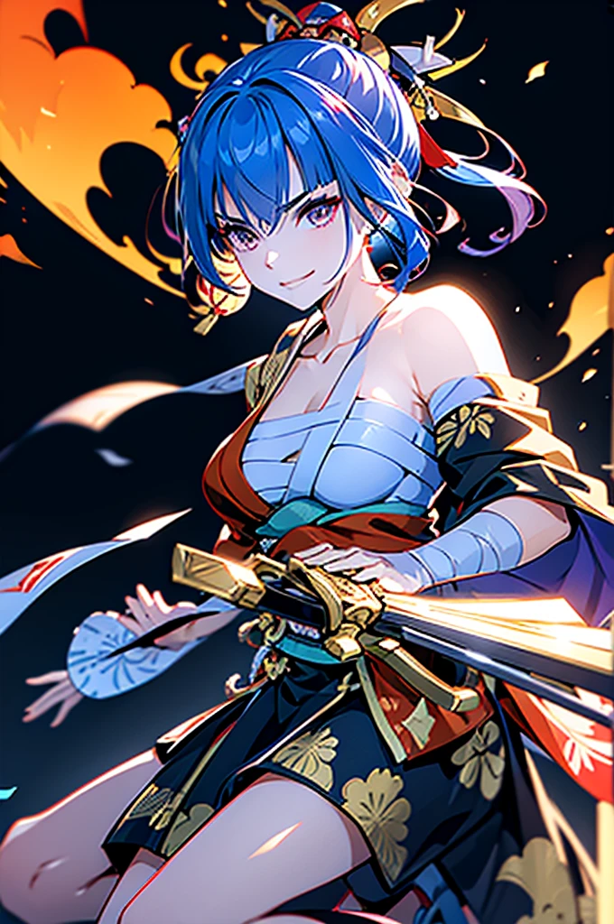 roll up bandage on a  chest tightly to cover the chest without gaps under kimomo, Japanese Gangster BOSS, adult woman with the dignified presence, Killing Qi, wear the kimono, kimono come off ,wear the kimono multiple times, Bare shoulders and the clavicle, black and gold kimono, put on over jacket of kimono, holding a japanese sword which shine in purple, long sword, eye fire, low angle, whole body, bandage is seen, anime character, inappropriate smile, off sholder, nappropriate smile, Excellent, blue hair