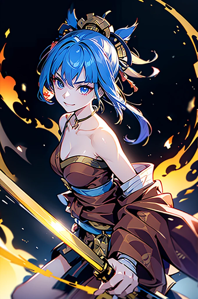 roll up bandage on a chest tightly to cover the chest without gaps under kimomo, Japanese Gangster BOSS, adult woman with the dignified presence, Killing Qi, wear the kimono, kimono come off ,wear the kimono multiple times, Bare shoulders and the clavicle, black and gold kimono, put on over jacket of kimono, holding a japanese sword which shine in purple, long sword, eye fire, low angle, whole body, bandage is seen, anime character, inappropriate smile, off sholder, nappropriate smile, Excellent, blue hair