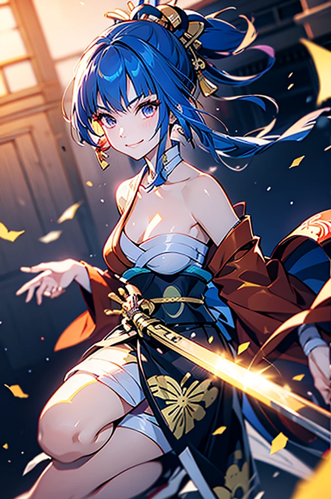 roll up bandage on a  chest tightly to cover the chest without gaps under kimomo, Japanese Gangster BOSS, adult woman with the dignified presence, Killing Qi, wear the kimono, kimono come off ,wear the kimono multiple times, Bare shoulders and the clavicle, black and gold kimono, put on over jacket of kimono, holding a japanese sword which shine in purple, long sword, eye fire, low angle, whole body, bandage is seen, anime character, inappropriate smile, off sholder, nappropriate smile, Excellent, blue hair