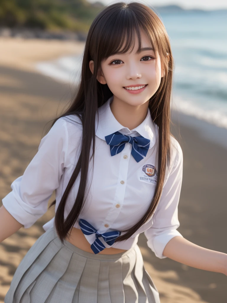(1girl), kawaii, (round eyes:1.2), (highly detailed face and eyes), (big smile),  Amazing face and eyes, (school uniform, pleated mini skirt:1.3), (Best Quality:1.4), (Ultra-detailed), (extremely detailed CG unified 8k wallpaper), Highly detailed, High-definition raw color photos, Professional Photography, Realistic portrait, summer, (beach), (fine face:1.2),