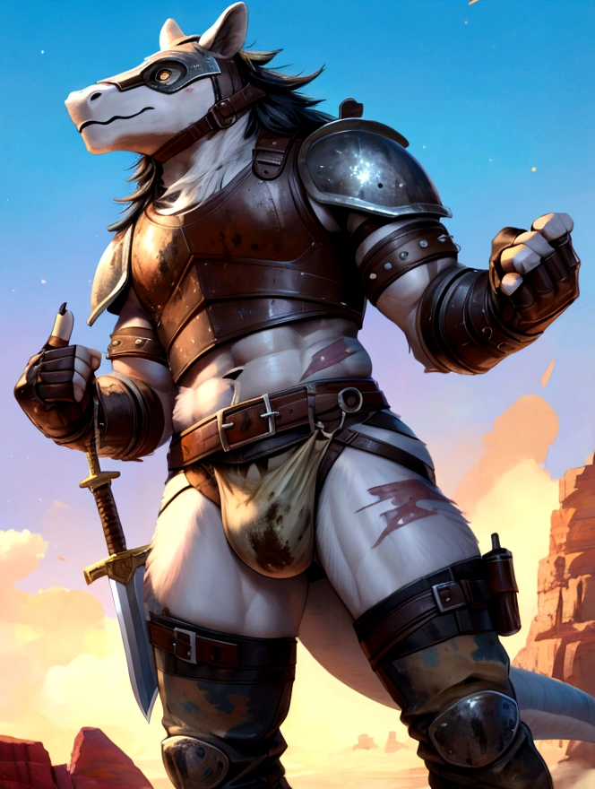 Solo Sexy young anthro scalie dragon male mercenary medieval solider, slim endomorph muscular, anthro handsome gay shorter muzzle, handsome gay model male apperance, sword scars, worn out leather skimpy armament, leather anthro head bondage muzzle face leather mask helmet with google eye holes, low on hips heavy leather belt, old very worn out skimpy dirty linen material jockstrap, old yellow dirty worn out stains on white sawn jockstrap, very visible "x" brown seam pattern on the jockstrap, studded skimpy armlets breastplate armor, skimpy breastplate, leather bondages, fingerless leather gloves, smelly unwashed husk, dirty body look, desert battlefield, standing in sexy fighting position, close view of full character