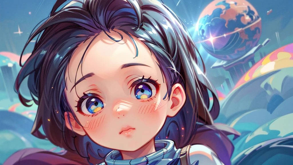 perfect eyes, Zoe, toddler girl, long hair, Heterochromia, astronaut, beautiful detailed eyes, beautiful detailed lips, extremely detailed eyes and face, long eyelashes, 1girl, astronaut, heterochromia, space, beautiful stars, beautiful galaxies, (best quality,4k,8k,highres,masterpiece:1.2),ultra-detailed,(realistic,photorealistic,photo-realistic:1.37),digital art, science fiction, surreal, cinematic lighting, vibrant colors, dramatic lighting, medium shot, full body, waist up, centered, detailed background, stars and galaxies in the distance, 