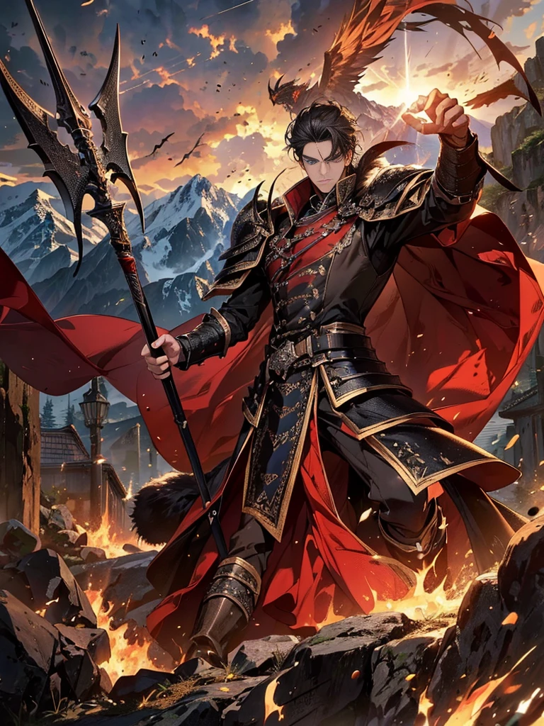 Masterpiece,best quality,Highly detailed,very detailed, Digital Artwork, Levi Bouman,  holding a halberd to pierce the sky, Focus Man, alone, Long shot, full body, Face details,clear face,handsome, Thick eyebrows, black hair,black short hair ,blue eyes, mountain, wearing black armor,wearing a black fur coat, electricity, Fighting posture, Embedded, glove, outdoor, black coat, From the side 31-years old、male people、A darkHair , Demons、single body、Black clothe、A slender、black backgrounds、blue eyes、natta、Angry、Black Armor、masterpiece