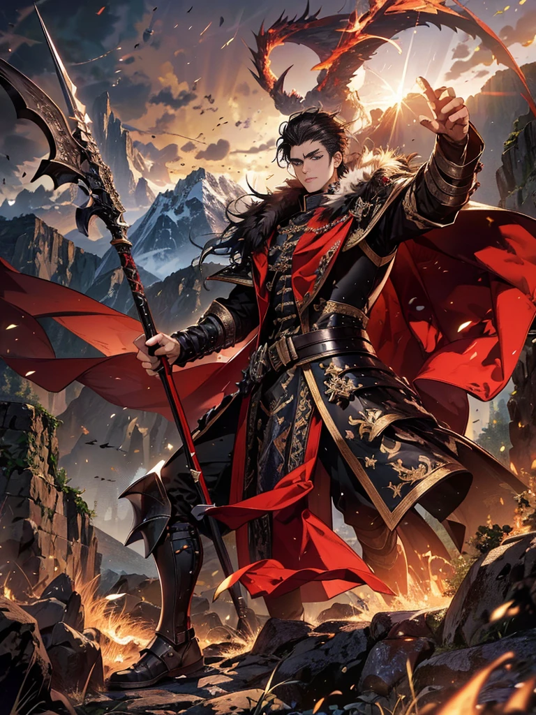 Masterpiece,best quality,Highly detailed,very detailed, Digital Artwork, Levi Bouman, holding a halberd to pierce the sky, Focus Man, alone, Long shot, full body, Face details,clear face,handsome, Thick eyebrows, black hair,black short hair ,blue eyes, mountain, wearing black armor,wearing a black fur coat, electricity, Fighting posture, Embedded, glove, outdoor, black coat, From the side 31-years old、male people、A darkHair , Demons、single body、Black clothe、A slender、black backgrounds、blue eyes、natta、Angry、Black Armor、masterpiece