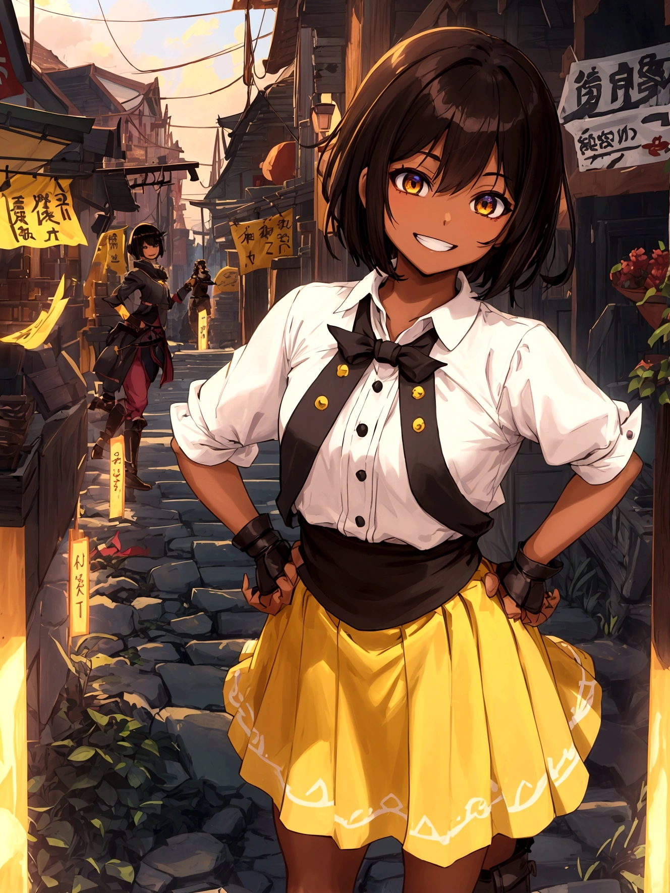 roleplaying game、Hunter、Adventurer、Anime Style、Cheerful girl、Brown skin、RPG Games、Yellow long skirt-type equipment、、Very small breasts、Armament、Black Hair、short hair、Naughty、Mischievous、Smiling with teeth showing、Hands on hips、Hall々Stand with、Village Background、Bustling market