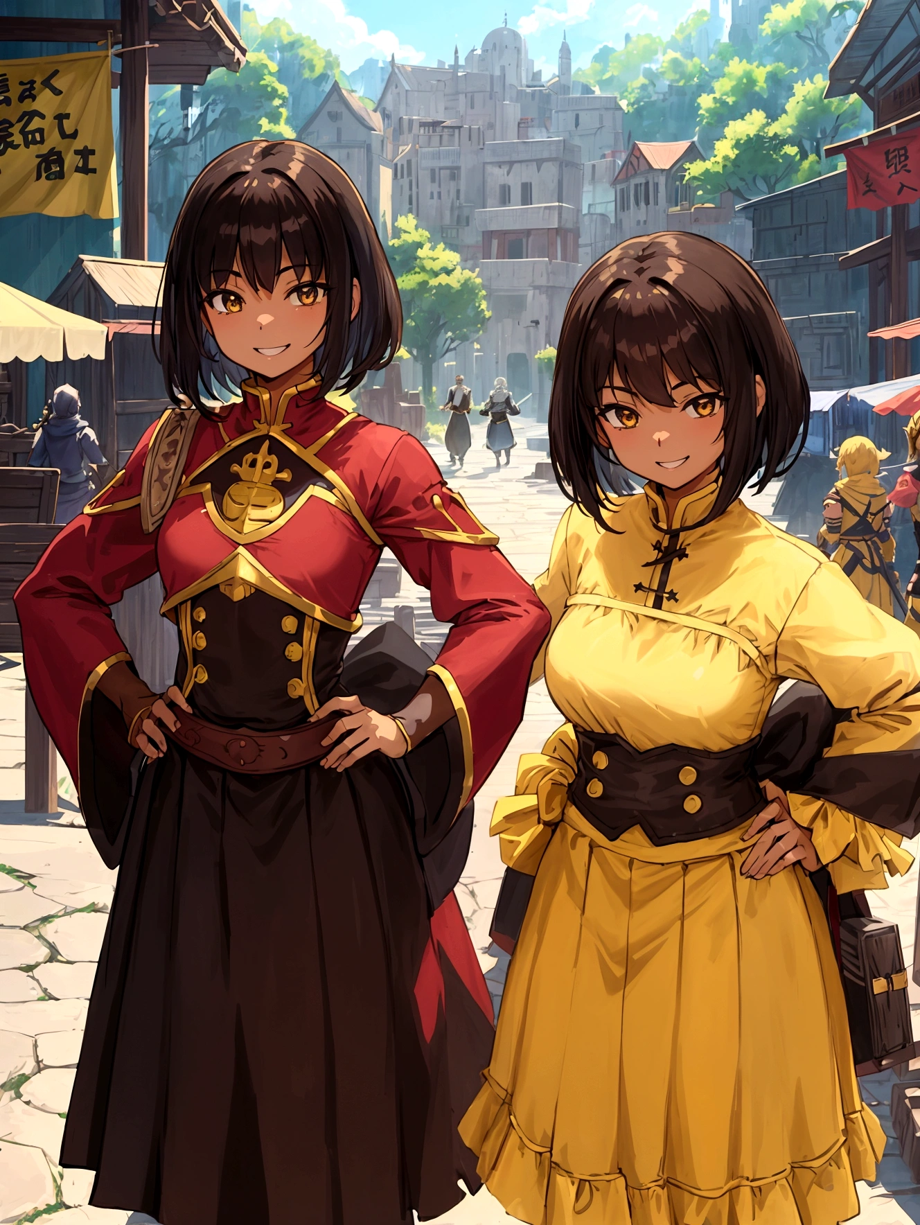 roleplaying game、Hunter、Adventurer、Anime Style、Cheerful girl、Brown skin、RPG Games、Yellow long skirt-type equipment、、Very small breasts、Armament、Black Hair、short hair、Naughty、Mischievous、Smiling with teeth showing、Hands on hips、Hall々Stand with、Village Background、Bustling market