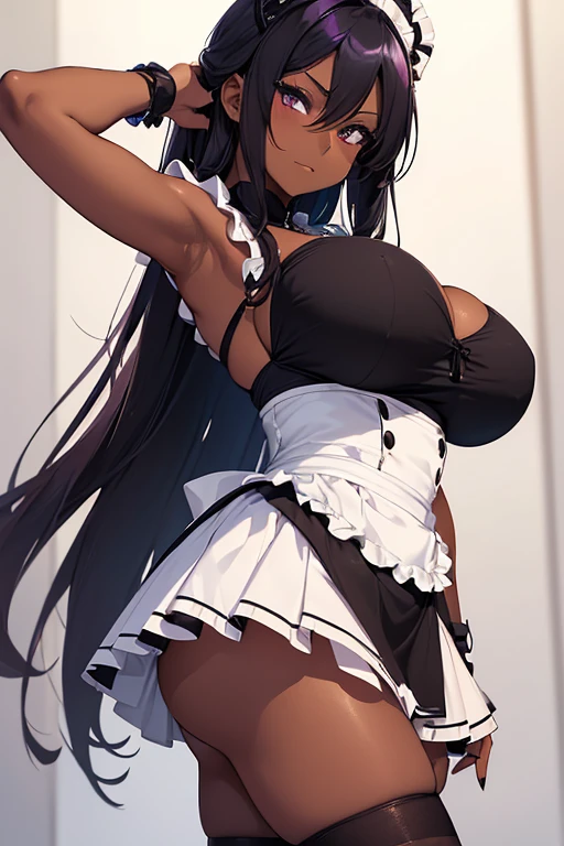 (isade), (1 girl),(Girl1 Loli:1.5),(super sexy mature body of 20 years old),(loli  appearance:1.5),(pretty: 1.5), (super hot: 1.5), (dark skin: 2.0), (long dark purple hair and dark purple eyes), (The gigantic breasts with the bust of 387.6cm in length:1.5), (Height 1.52),(beautiful young woman),(super beautiful 18 year old teenager),( wearing),+,(\dressed as a maid, and maid clothes and super revealing on the back, I lowered the short skirt a lot, showing my legs, and a little of my panties, and the part of the apron at the back of the skirt is very low, showing her delicious buttocks, and over the maid uniform it looks like a very short and sensual bra, and she has a big ass and super big breasts, she is super busty and has very big buttocks)/ 