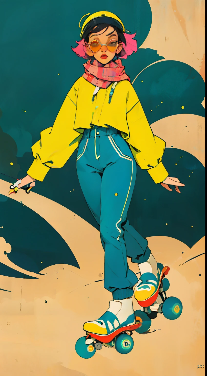 short woman, (ultra detailed,ultra high res,detailed background),((2D)),((2D)),((flat color)),((muted color)),((floating neon)),1girl,solo,looking at viewer, spray paint, graffiti, girl in a colorful fencing suit, long plush scarf, full body image, adult woman, anatomically perfect face, face in focus, symmetrical face, ((rollerskates)), wearing a 1950's scifi helmet with a visor, big sunglasses,