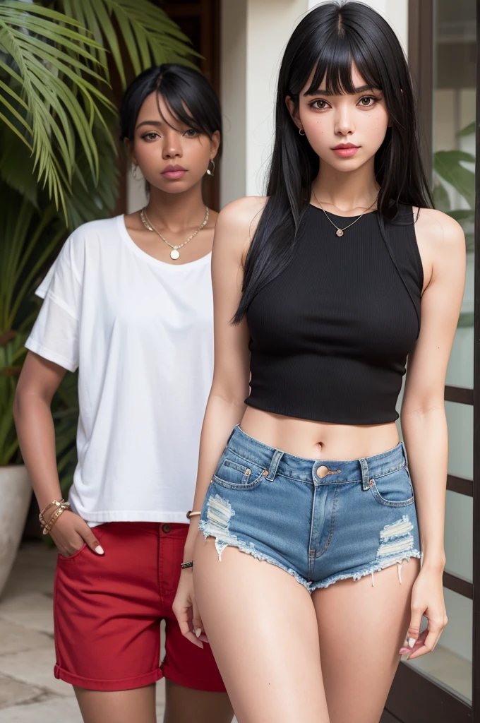 Make a girl with black hair bangs and red cropped denim shorts in Bahia