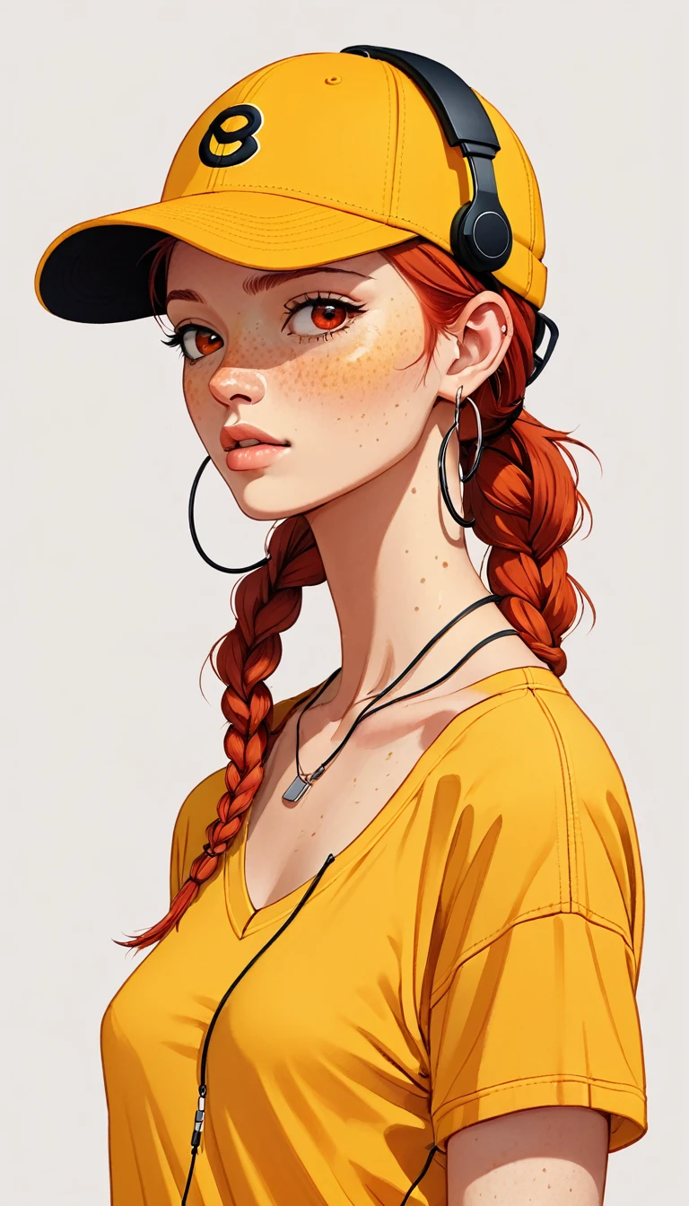 masterpiece, Highest quality, One girl, Red Eye, Baseball cap, Red hair, Mouth closed, Earrings, Have, hoop 、 jewelry, View your viewers, shirt, Braid, Simple Background, alone, Upper Body, yellow shirt 、Headphones、Small breasts、Freckles、