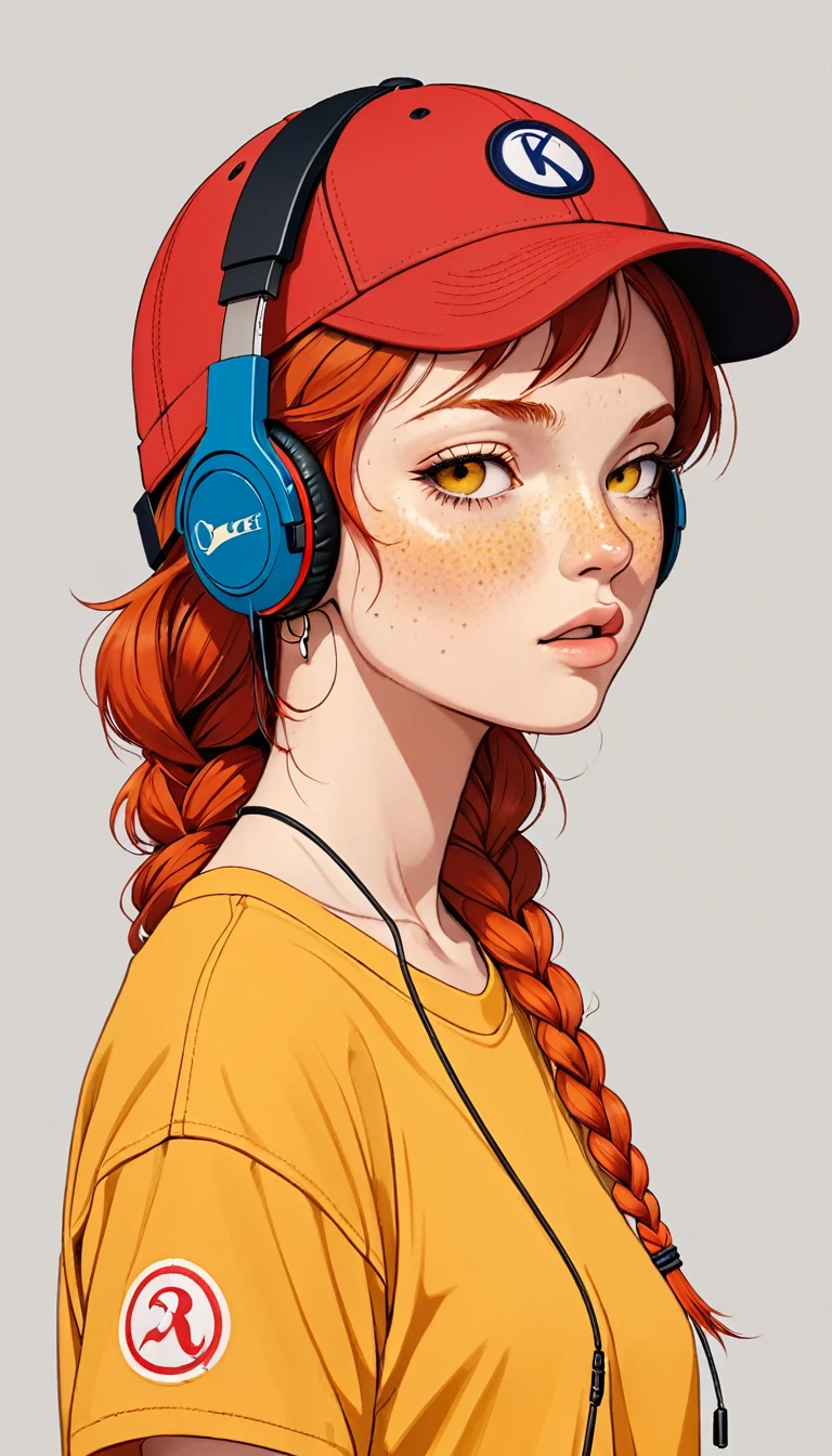 masterpiece, Highest quality, One girl, Red Eye, Baseball cap, Red hair, Mouth closed, Earrings, Have, hoop 、 jewelry, View your viewers, shirt, Braid, Simple Background, alone, Upper Body, yellow shirt 、Headphones、Small breasts、Freckles、