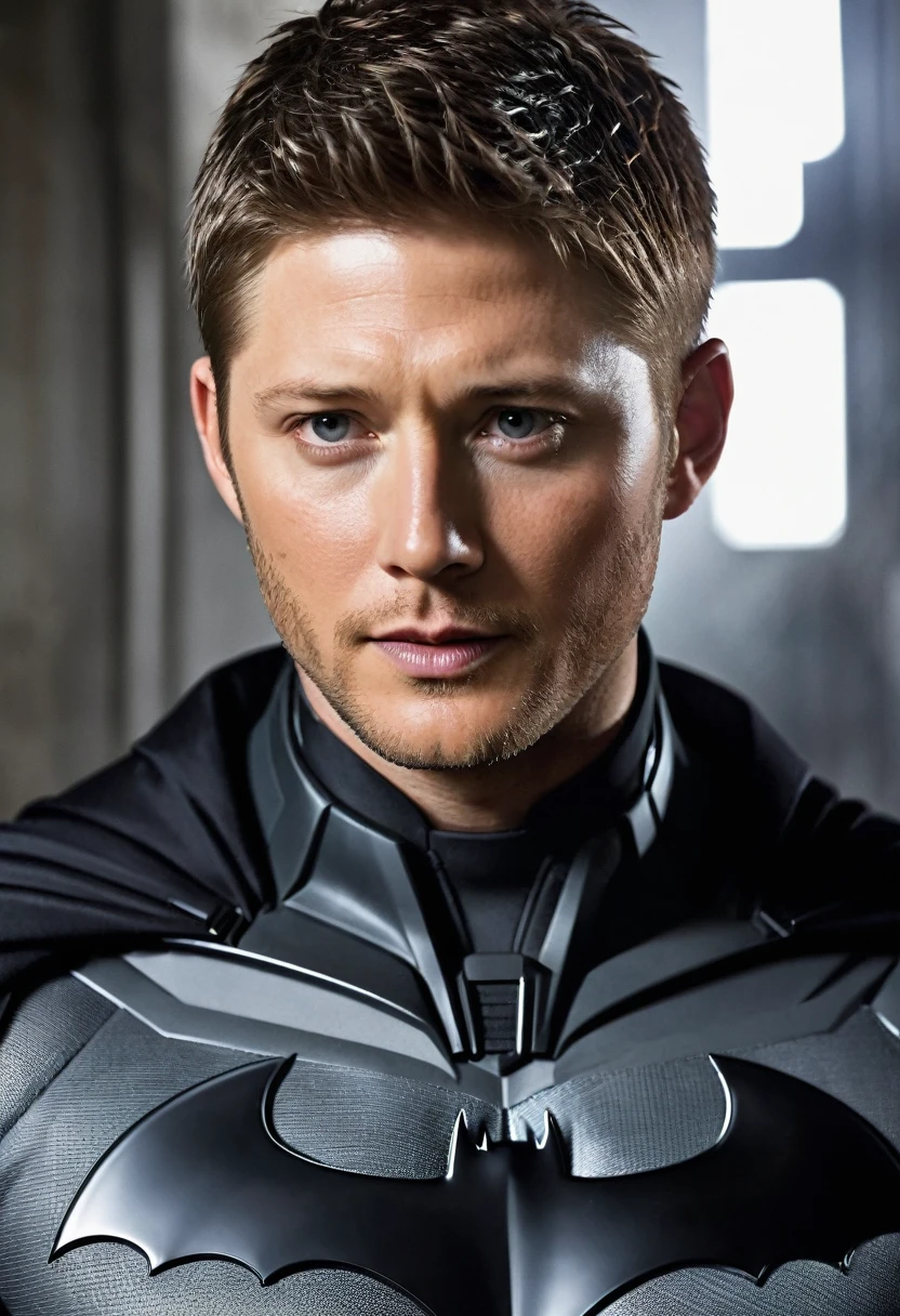 (((Extreme close-up Jensen Ackles under the mantle of Bruce Wayne aka Batman Suit Batman DC universe front images images color Splash)))