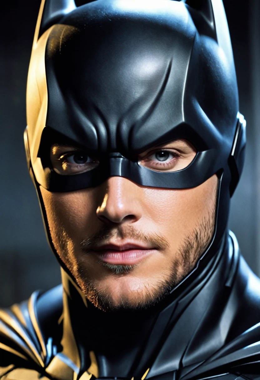 (((Extreme close-up Jensen Ackles under the mantle of Bruce Wayne aka Batman Suit Batman DC universe front images images color Splash)))
