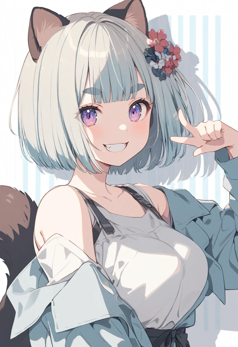 anime,(pale colors:1.8),long shot, 1girl, (on right:1.3), solo, cat mouth, dynamic angle, holding flower, pointing to head, grin, smile, fang, blue hair, bobcut, straight hair, racoon ears, racoon tail, (brown streaked hair:1.3), (blunt bangs) ,thick eyebrows, big breast, off shoulder clothes, cutout,flower hair ornament, striped background, shadow,