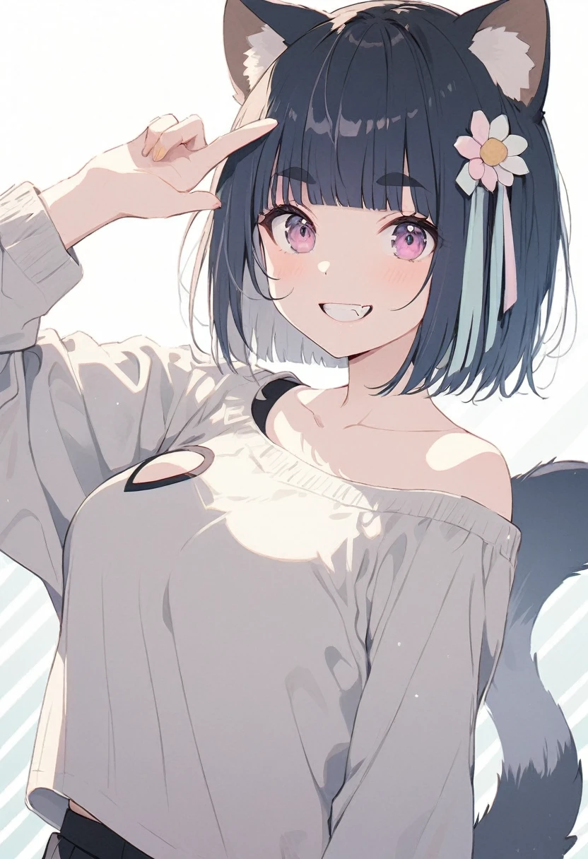 anime,(pale colors:1.8),long shot, 1girl, (on right:1.3), solo, cat mouth, dynamic angle, holding flower, pointing to head, grin, smile, fang,  blue hair, bobcut, straight hair, racoon ears, racoon tail, (brown streaked hair:1.3), (blunt bangs) ,thick eyebrows, big breast, off shoulder clothes, cutout,flower hair ornament,  striped background, shadow, 