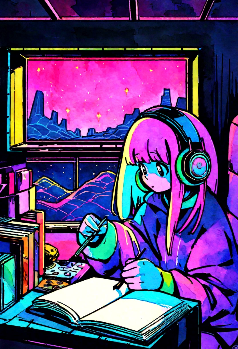 (zero), Girl studying in her room, reading a book, Wear headphones, , night lights, Neon landscape on a rainy day,Analog Color Theme, Lo-Fi Hip Hop , retrospective, flat, 2.5D ,Draw a line, Ink Drawing, Large slope, Watercolor painting, Goosch Colors, Studio Ghibli Style, Awesome colorful, Outer Ton, Synthwave, lofi art,90s style,Old texture, amplitude,90s vibe, masutepiece, Tremendous technology, 16:9 scale, 8k quality , colori di capelli perfect