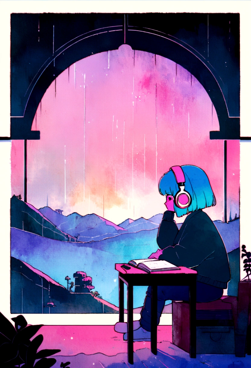 (zero), Girl studying in her room, reading a book, Wear headphones, , night lights, Neon landscape on a rainy day,Analog Color Theme, Lo-Fi Hip Hop , retrospective, flat, 2.5D ,Draw a line, Ink Drawing, Large slope, Watercolor painting, Goosch Colors, Studio Ghibli Style, Awesome colorful, Outer Ton, Synthwave, lofi art,90s style,Old texture, amplitude,90s vibe, masutepiece, Tremendous technology, 16:9 scale, 8k quality , colori di capelli perfect