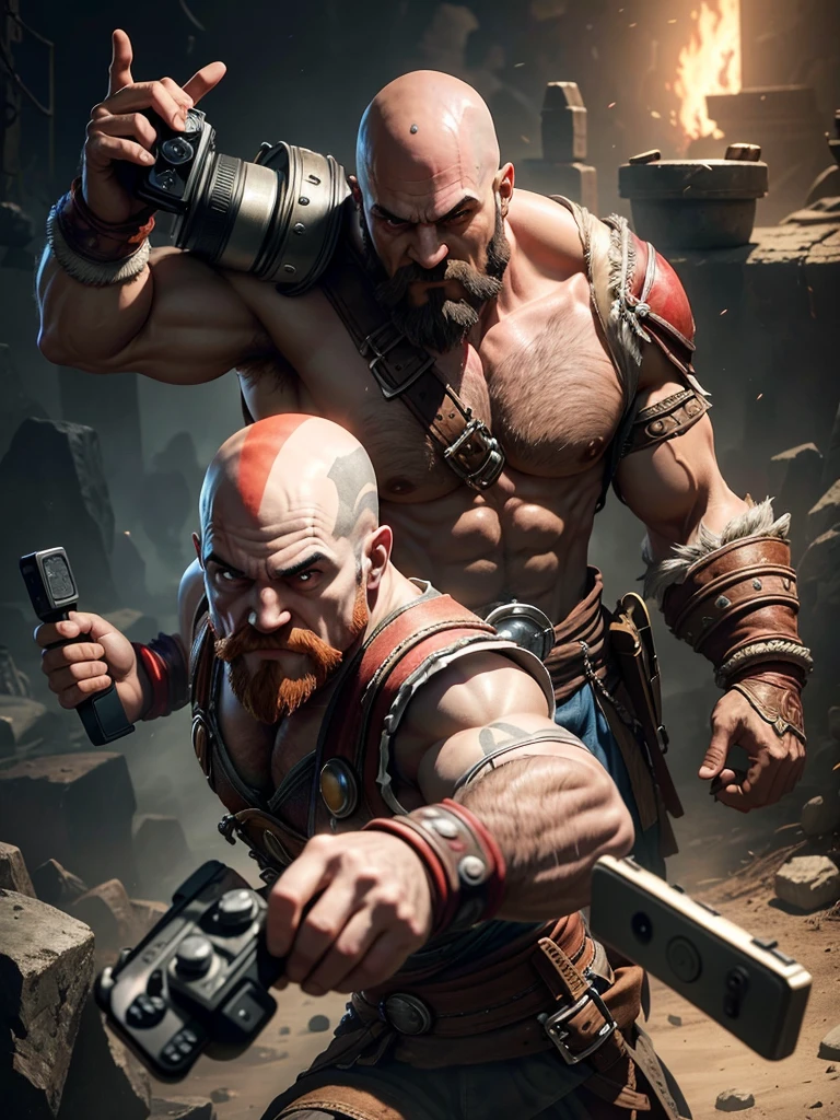 image with several characters from famous games with Kratos and Mario holding a camera and video game controller