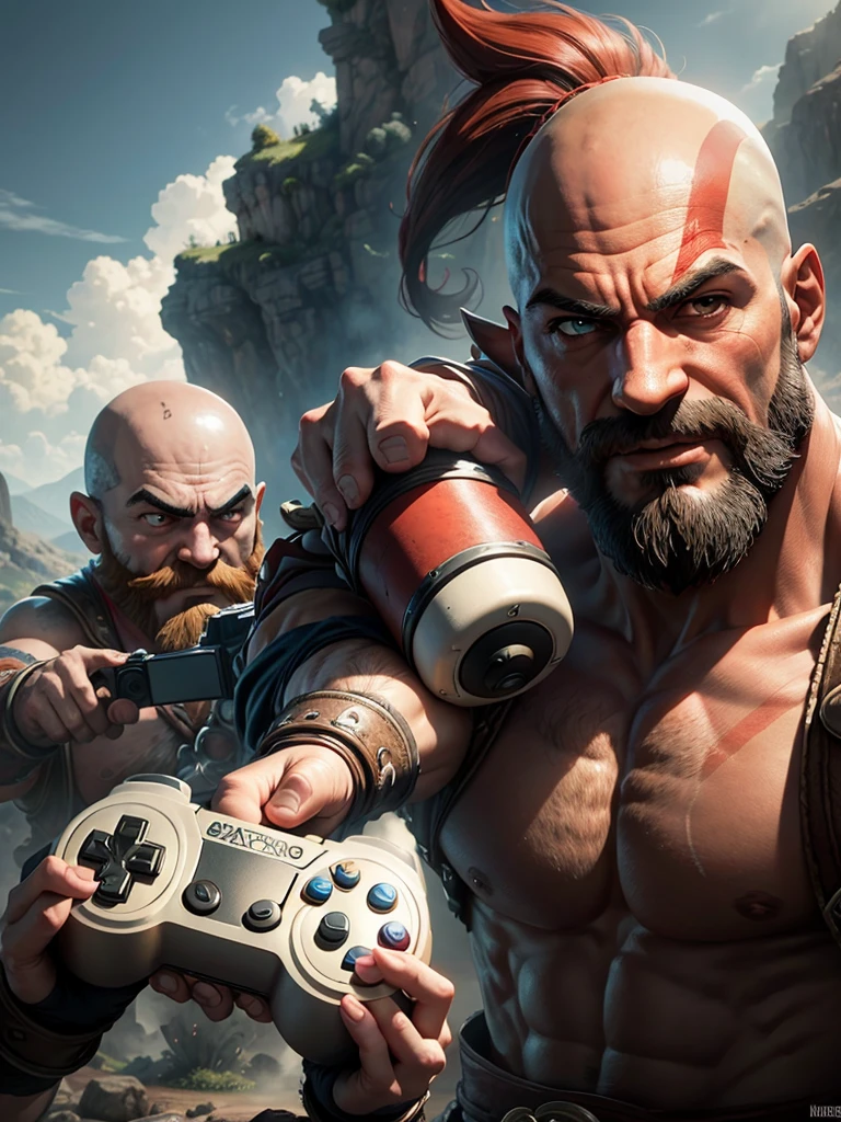 image with several characters from famous games with Kratos and Mario holding a camera and video game controller
