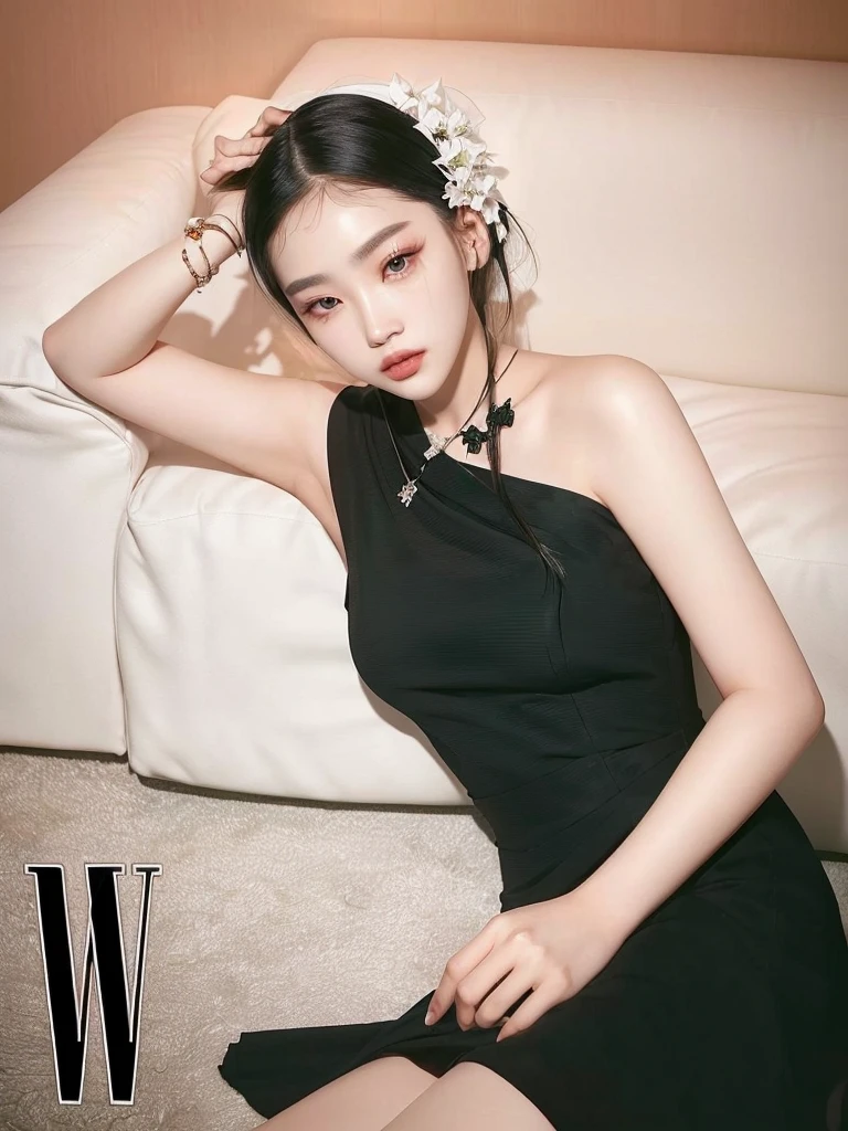 Araffe woman in a black dress sitting on a white sofa., Xision Wu, wenfeiye, really wu, Wu Liu, inspired by Wu Bin, Wei Wang, dent wu, inspired by Wang E, by Wang E, wenjunlin, kiko mizuhara, inspired by Wang Shimin, jinyiwei, inspired by Wen Jia nayeon
