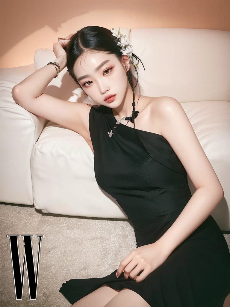 Araffe woman in a black dress sitting on a white sofa., Xision Wu, wenfeiye, really wu, Wu Liu, inspired by Wu Bin, Wei Wang, dent wu, inspired by Wang E, by Wang E, wenjunlin, kiko mizuhara, inspired by Wang Shimin, jinyiwei, inspired by Wen Jia nayeon