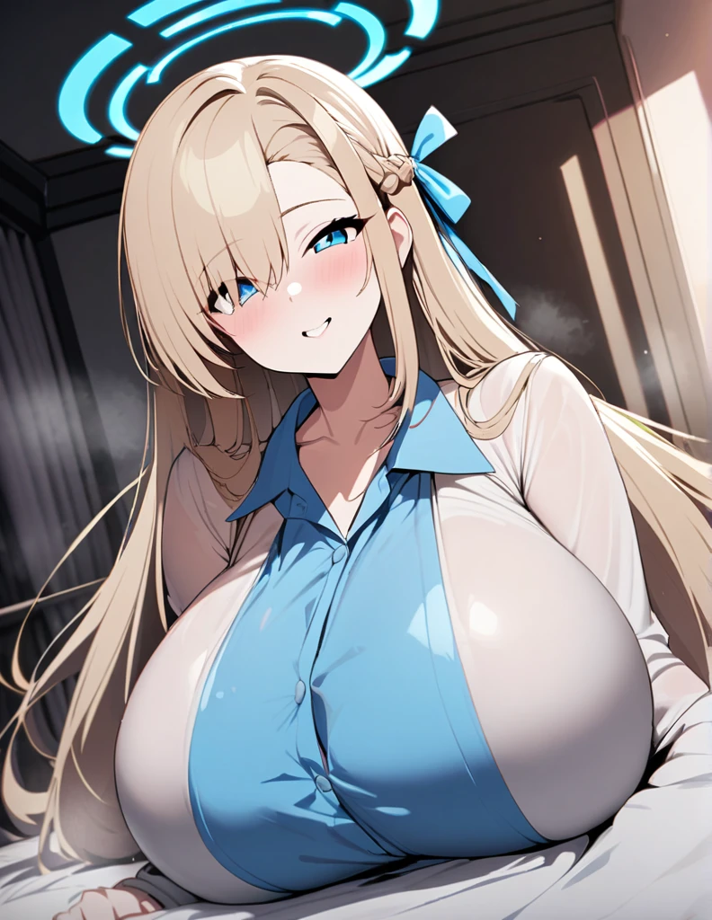 asuna(blue archive),1girl,solo,halo,Females in heat,super huge breasts,looking at viewer,one's own room