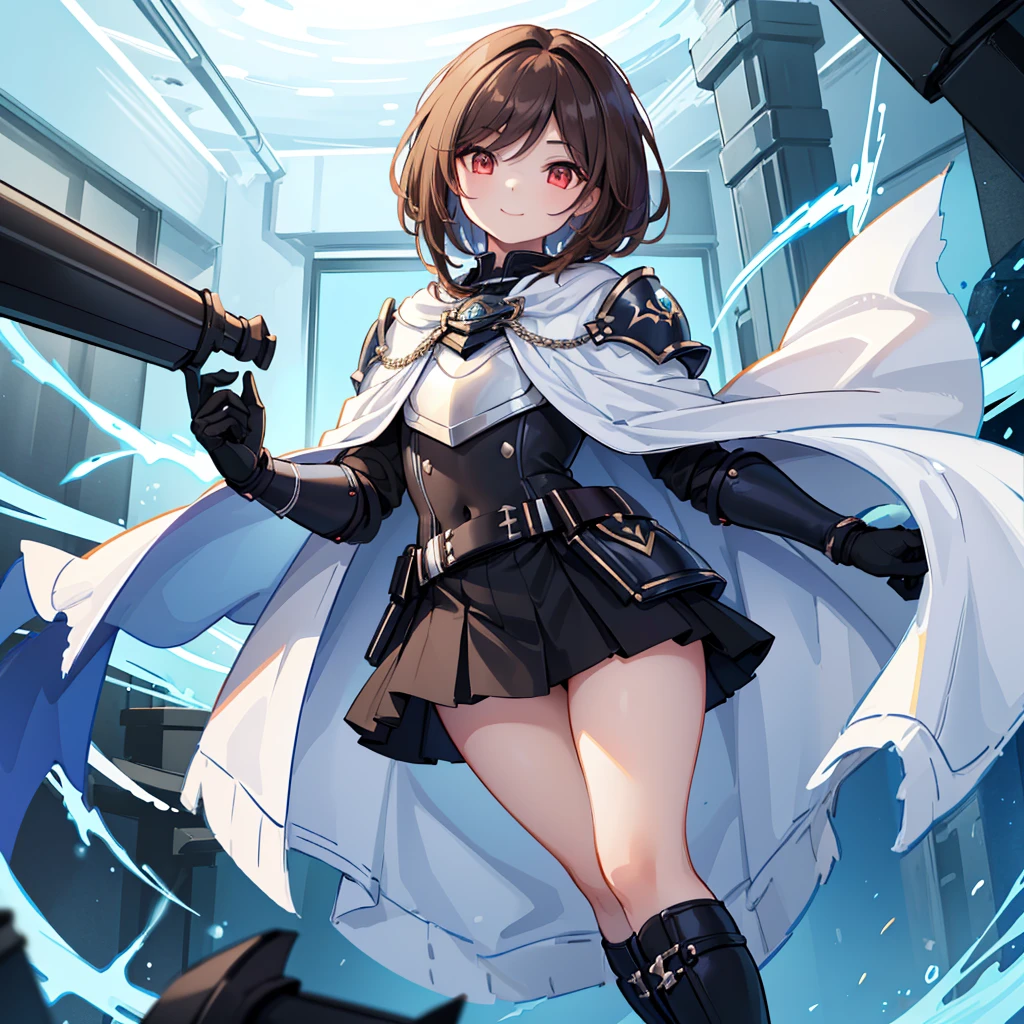 (((1boy))), Femboy, superhero, crossdresser man, teenager, in a school, (white long sleeved cocktail shirt), (long black skirt with a white stripe), with a (((white cape with a blue inner part))), a (((black chest armor plate with a white decal in the middle))), (black gloves) and (black boots), long technological red sword, ((brown skinned)), red eyes, feminine shoulder length dark brown hair, ((wide hips)), ((thick thighs)), flat chest, narrow waist, flying around in a beautiful futuristic floating in the sky city landscape, ((only one character)), (((solo))), ((smiling))