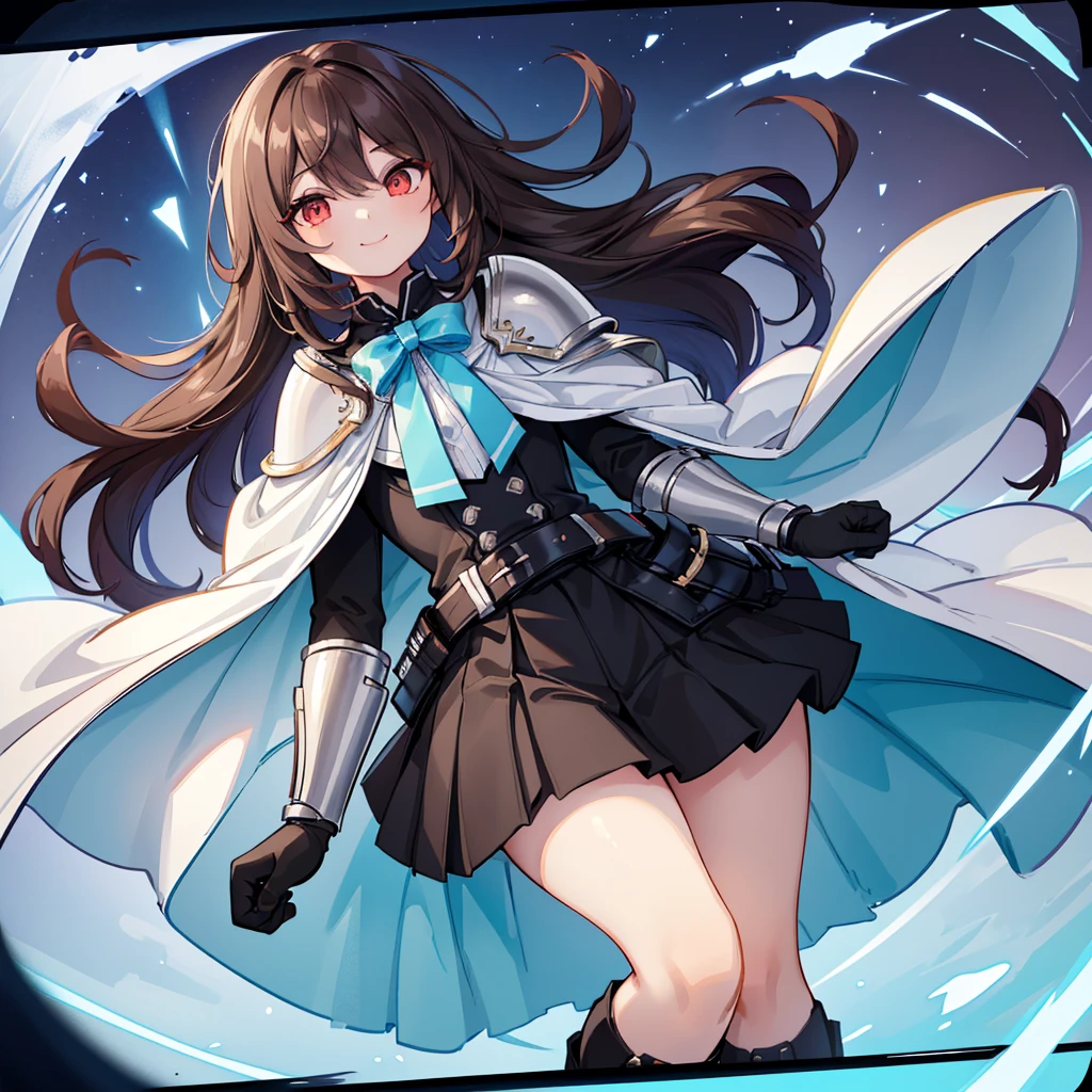 (((1boy))), Femboy, superhero, crossdresser man, teenager, in a school, (white long sleeved cocktail shirt), (long black skirt with a white stripe), with a (((white cape with a blue inner part))), a (((black chest armor plate with a white decal in the middle))), (black gloves) and (black boots), long technological red sword, ((brown skinned)), red eyes, feminine shoulder length dark brown hair, ((wide hips)), ((thick thighs)), flat chest, narrow waist, flying around in a beautiful futuristic floating in the sky city landscape, ((only one character)), (((solo))), ((smiling))
