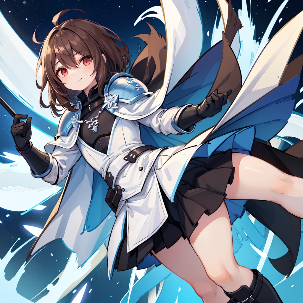 (((1boy))), Femboy, superhero, crossdresser man, teenager, in a school, (white long sleeved cocktail shirt), (long black skirt with a white stripe), with a (((white cape with a blue inner part))), a (((black chest armor plate with a white decal in the middle))), (black gloves) and (black boots), long technological red sword, ((brown skinned)), red eyes, feminine shoulder length dark brown hair, ((wide hips)), ((thick thighs)), flat chest, narrow waist, flying around in a beautiful futuristic floating in the sky city landscape, ((only one character)), (((solo))), ((smiling))