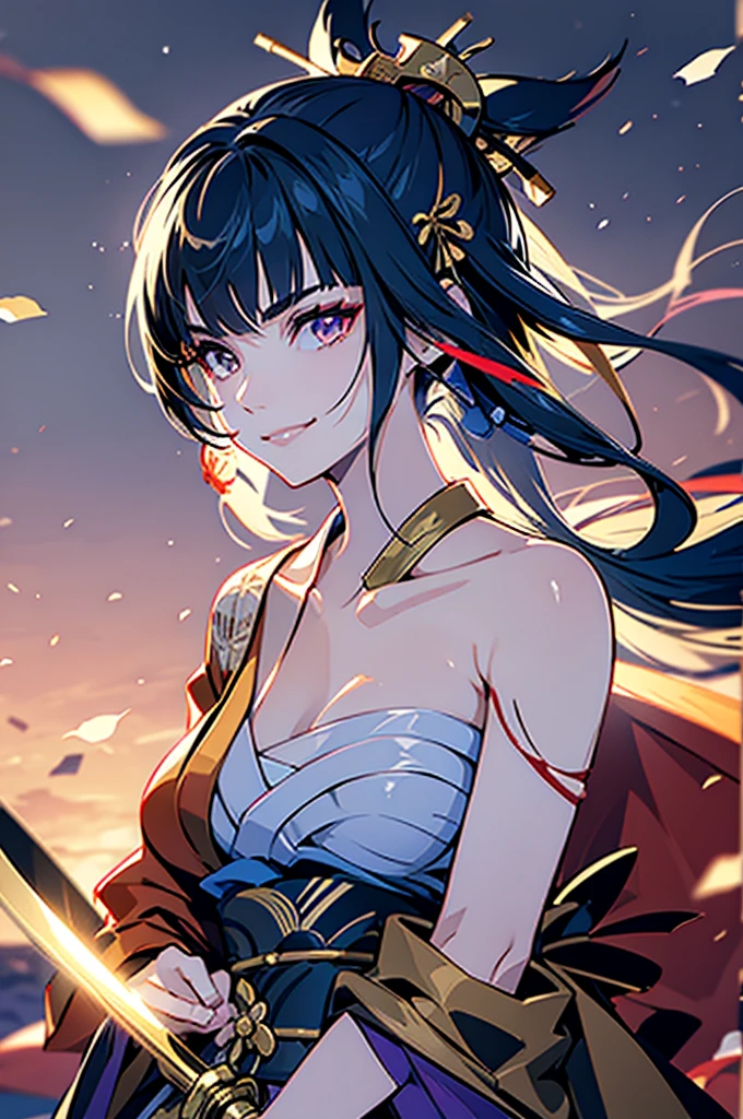 roll up bandage on a chest tightly to cover the chest without gaps under kimomo, Japanese Gangster BOSS, adult woman with the dignified presence, Killing Qi, wear the kimono, kimono come off ,wear the kimono multiple times, Bare shoulders and the clavicle, black and gold kimono, put on over jacket of kimono, holding a japanese sword which shine in purple, long sword, eye fire, low angle, whole body, bandage is seen, anime character, inappropriate smile, off sholder, nappropriate smile, Excellent, black blue hair