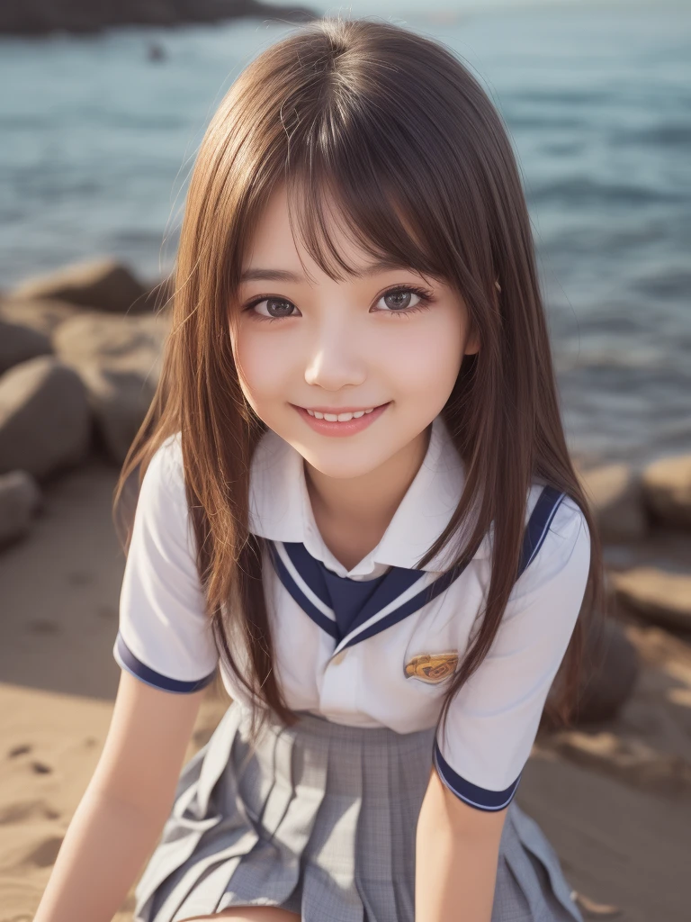 (1girl), kawaii, (round eyes:1.2), (highly detailed face and eyes), (big smile),  Amazing face and eyes, (school uniform, pleated mini skirt:1.3), (Best Quality:1.4), (Ultra-detailed), (extremely detailed CG unified 8k wallpaper), Highly detailed, High-definition raw color photos, Professional Photography, Realistic portrait, summer, (beach), (fine face:1.2),
