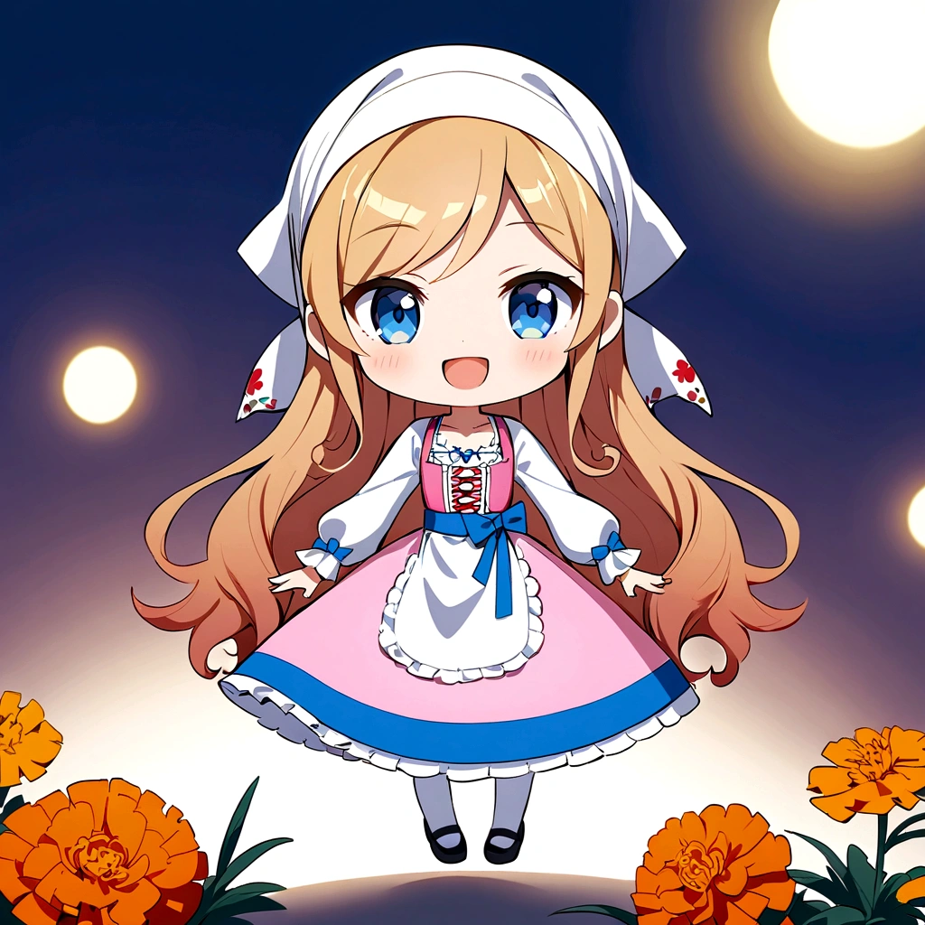 golden orange hair, gradient hair, very long hair, swept bangs, sidelocks, curly hair, wavy hair, (((((head scarf))))), head bandana, pink apron, flower in hair, marigold, orange flower, dirndl, pink dress, pink dirndl, long sleeves, waist apron, white apron, bow on waist, blue bow, , polish clothing, Slavic clothing, Hungarian clothing, anime, cute, flat chest, solo, exaggerated expression, chibi,(((((:3}}}}} smile, open mouth, blue eyes, white stockings, black shoes, full body