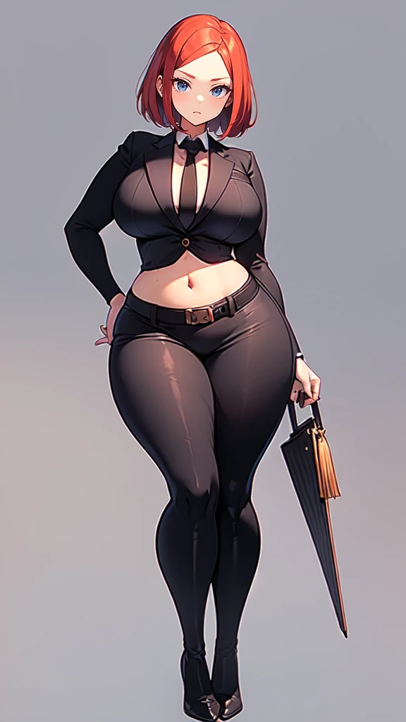 blank background, (((full body))), (masterpiece), ((best quality)), ((tall girl)), straight hair (curvy:1.7), (short skirt), shoes, belt below navel, redhead hair,, (black suit and tie), wide hips