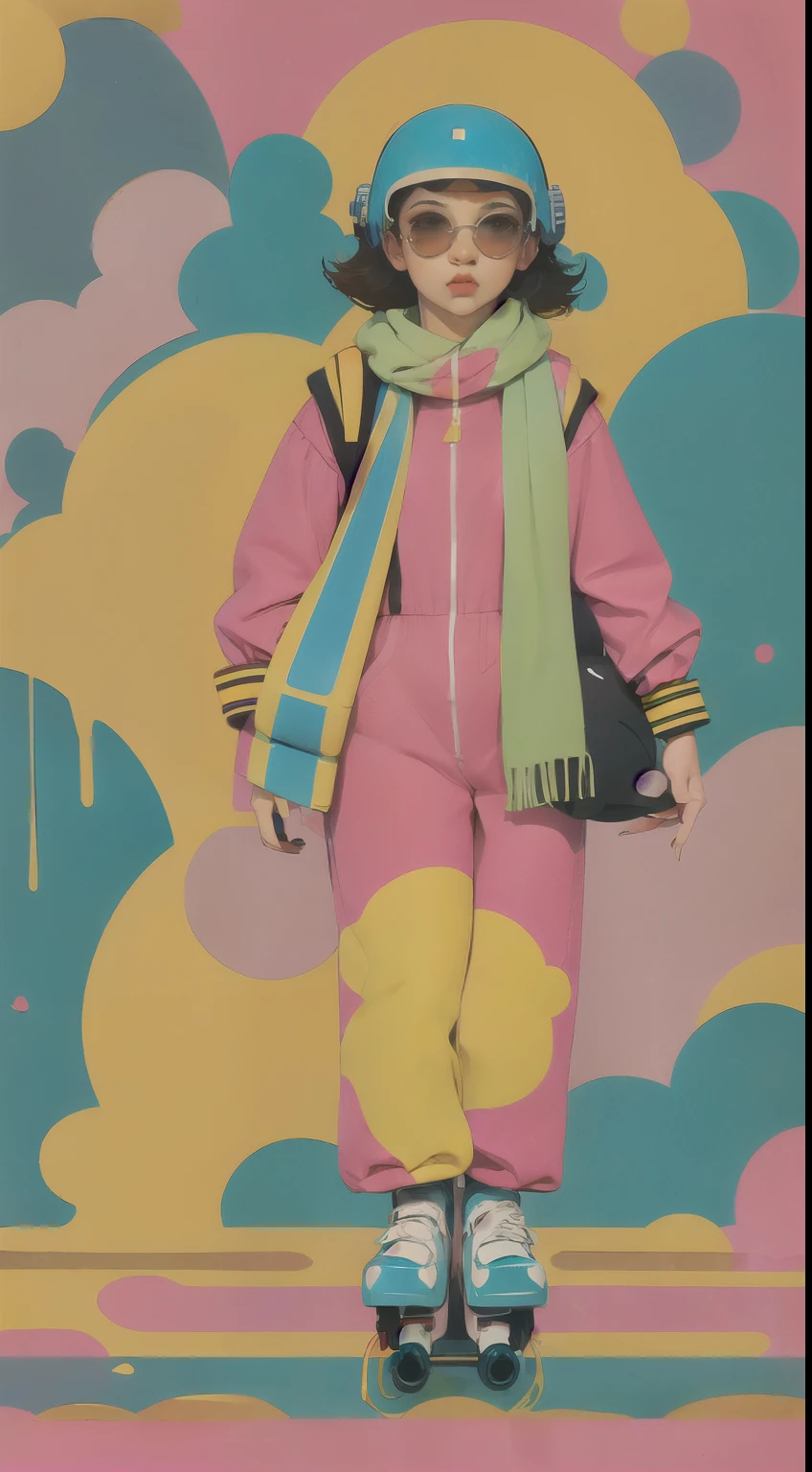 short woman, (ultra detailed,ultra high res,detailed background),((2D)),((2D)),((flat color)),((muted color)),((floating neon)),1girl,solo,looking at viewer, spray paint, graffiti, girl in a colorful fencing suit, long plush scarf, full body image, adult woman, anatomically perfect face, face in focus, symmetrical face, ((rollerskates)), wearing a 1950's scifi helmet with a visor, big sunglasses, carrying a stuffed animal