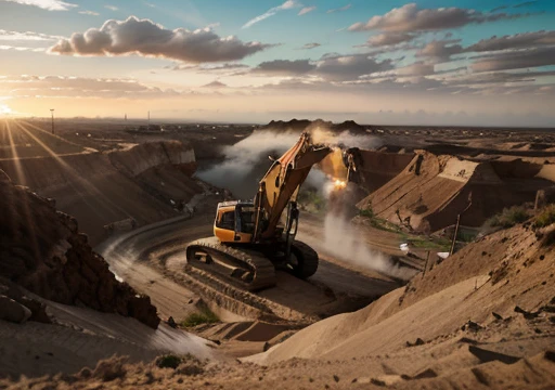 raw, orange chinese excavator, Lonking  CDM 6075N sand desert rocky quarry, epic, absurdres, cinematic, dynamic view angle, volumetric lights, mist, cinematic, dutch angle, quarry, dust, volumetric lights, wet road after rain, mist, sunset, sun low on horizon, clouds, sand-works, heavy equipment work, landmark project, lifting sand,