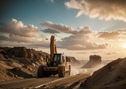 raw, orange chinese excavator, Lonking CDM 6075N sand desert rocky quarry, epic, absurdres, cinematic, dynamic view angle, volumetric lights, mist, cinematic, dutch angle, quarry, dust, volumetric lights, wet road after rain, mist, sunset, sun low on horizon, clouds, sand-works, heavy equipment work, landmark project, lifting sand,