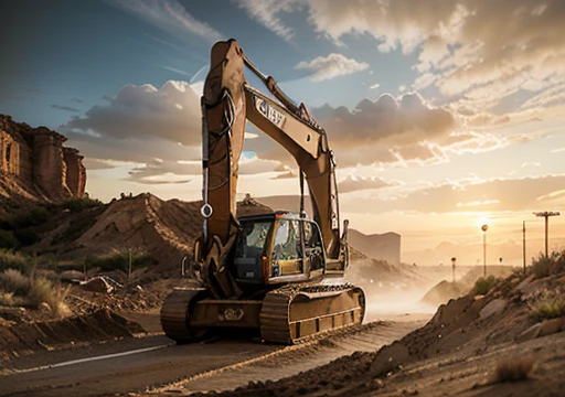 raw, orange chinese excavator, Lonking CDM 6075N sand desert rocky quarry, epic, absurdres, cinematic, dynamic view angle, volumetric lights, mist, cinematic, dutch angle, quarry, dust, volumetric lights, wet road after rain, mist, sunset, sun low on horizon, clouds, sand-works, heavy equipment work, landmark project, lifting sand,