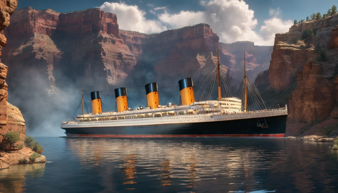 A hyperrealistic titanic ship waiting on top of a rock formation, grand canyon landscape, extremely detailed, cinematic lighting, dramatic clouds, realistic water reflections, photorealistic, 8k, best quality, masterpiece