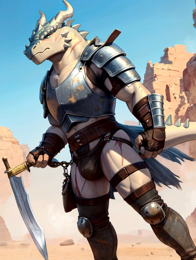 Solo Sexy young anthro scalie dragon male mercenary medieval solider, slim endomorph muscular, anthro handsome gay shorter muzzle, handsome gay model male apperance, sword scars, worn out leather skimpy armament, low on hips heavy leather belt, old very worn out skimpy dirty linen material jockstrap, old yellow dirty worn out stains on white sawn jockstrap, very visible "x" brown seam pattern on the jockstrap, studded skimpy armlets breastplate armor, skimpy breastplate, red husk, leather bdsm bondages, fingerless leather gloves, smelly unwashed husk, dirty body look, desert battlefield, standing in sexy fighting position, close view of full character