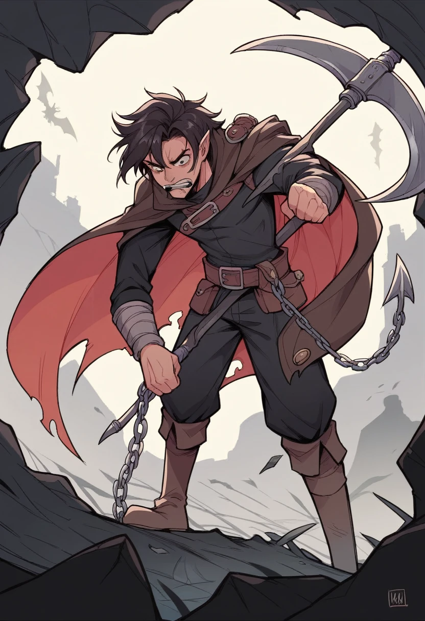 ((アニメ)),((detailded))A half demon of d&d,magical,,cape and red campus,rogue outfit,an iron bracelet with a mouth at the bottom,two daggers attached to the waist,a spear stuck in the back,a scythe at the waist,a crowbar stuck in the leg,a black covered book with chains and a padlock,the book is in the right hand