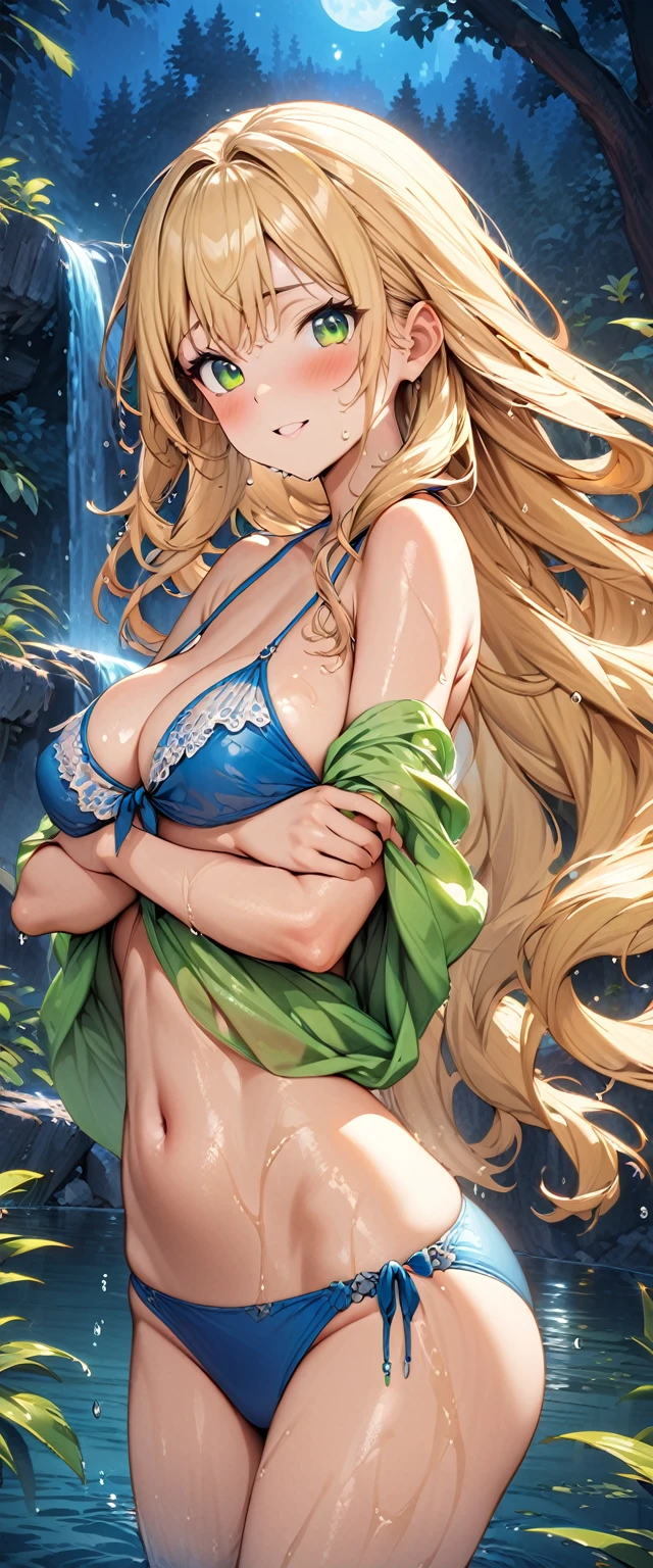 (masterpiece), (highest quality), (illustration), (super detailed), (high resolution), absurdity, 1girl,happy,blush,blonde hair,long hair,green eyes,night,forest lake,waterfall,looking at viewer,cowboy shot,water,undressing,swimsuit,wet,bathing,hands over body