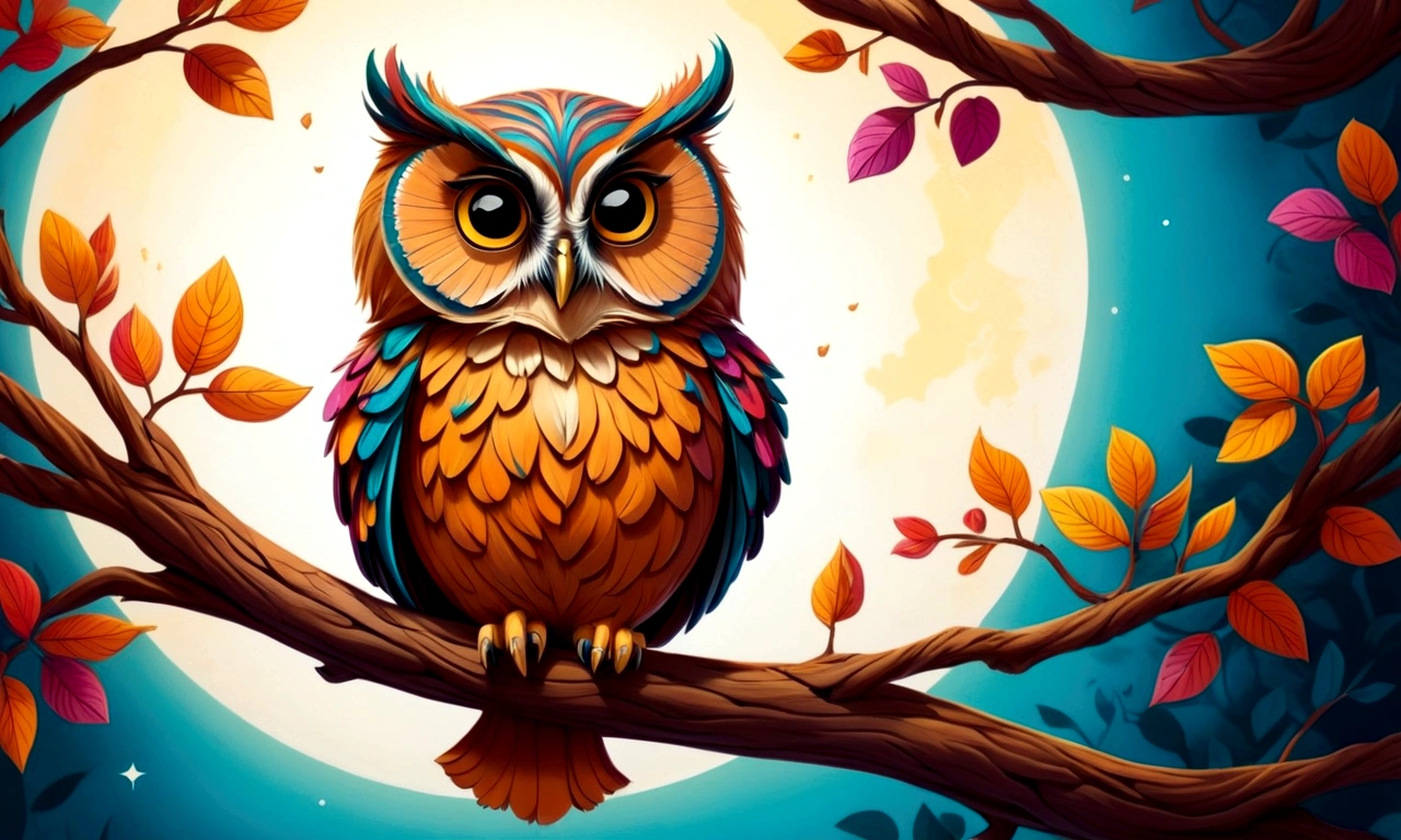 Drawing of a wise and happy owl on a tree branch