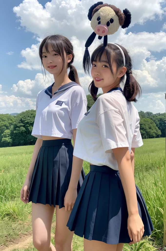 2 girls walking in rural field,cumulonimbus cloud in summer sky,sailor shirt,navy blue pleated skirt,white thong,18-year-old,bangs,a little smile,thighs,knees,short hair with low pigtails bunches,from below,front light