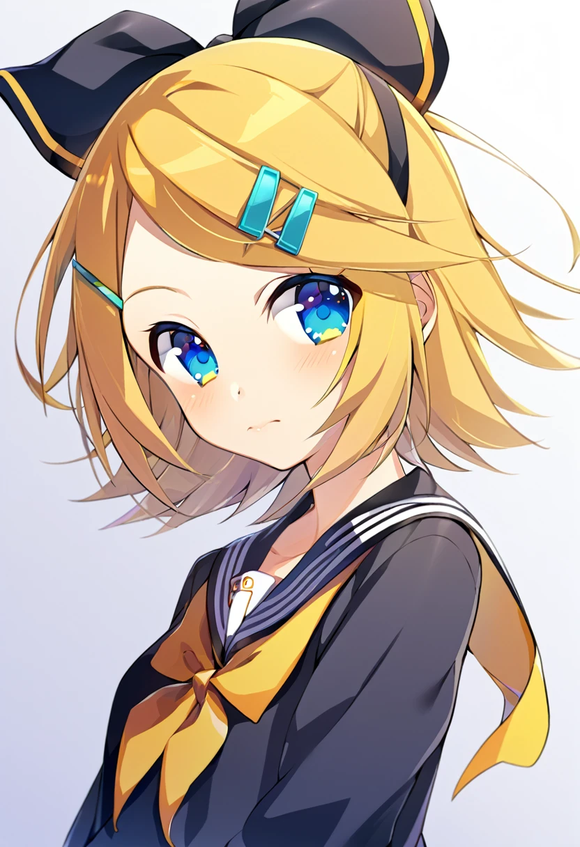 one girl, Kagamine Rin, Vocaloid, blue eyes, simple background, sailor collar, off shoulder, black sleeve, hair clip, hair bow, fourteen years old