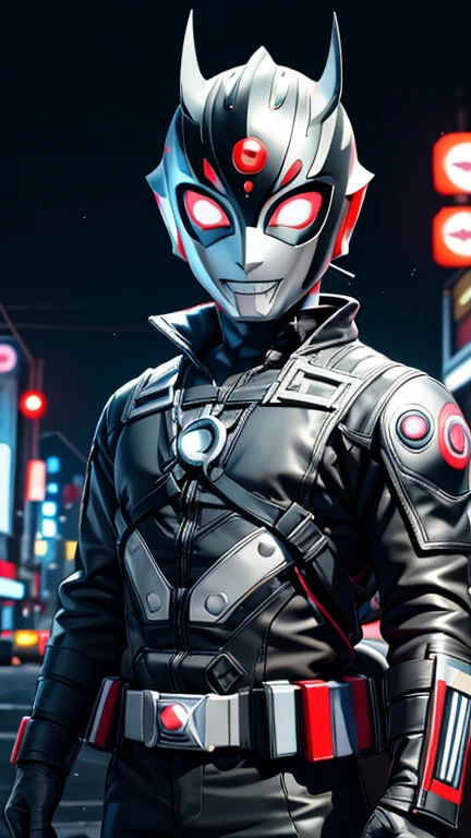 (8k),(masterpiece),(Japanese),(8-year-old boy),((innocent look)),((Childish)),From the front,smile,cute,Innocent,Kind eyes,Flat chest,Black Helmet, black domino mask, Hawkeye, short,Black Hair,Strong wind,night,dark, Neon light cyberpunk Tokyo city, allultraman,camisa