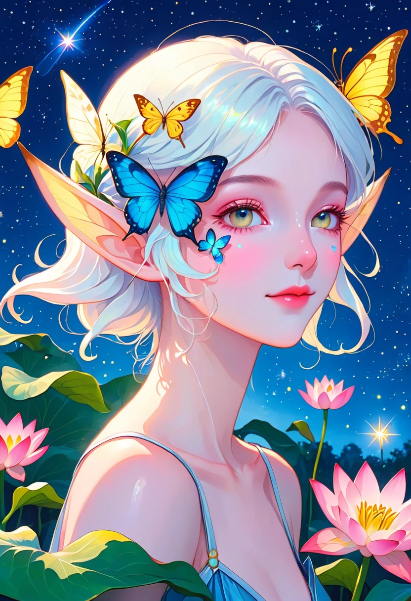 antennae,blue butterfly,bug,butterfly,elf,flower,leaf,lily \(flower\),lotus,pink flower,plant,pointy ears,portrait,solo,star \(sky\),starry sky,white butterfly,yellow butterfly