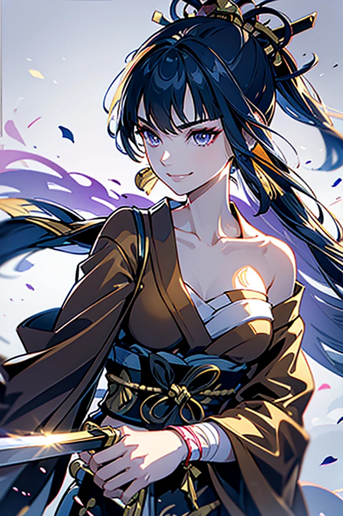 roll up bandage on a  chest tightly to cover the chest without gaps under kimomo, Japanese Gangster BOSS, adult woman with the dignified presence, Killing Qi, wear the kimono, kimono come off ,wear the kimono multiple times, Bare shoulders and the clavicle, black and gold kimono, put on over jacket of kimono, holding a japanese sword which shine in purple, long sword, eye fire, low angle, whole body, bandage is seen, anime character, inappropriate smile, off sholder, nappropriate smile, Excellent, black blue hair