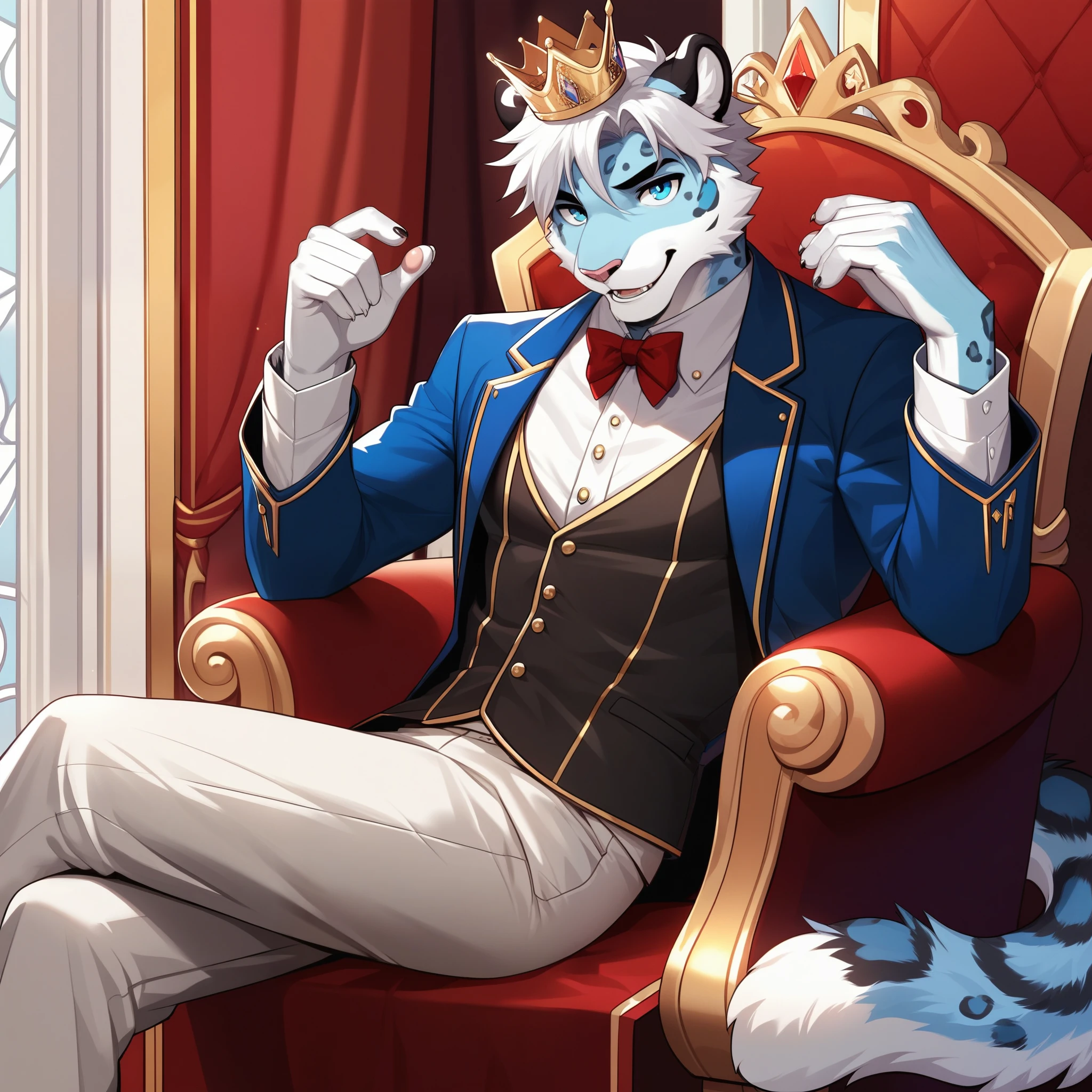 Score_9, score_8_up, score_7_up, source_cartoon, Anthro male, snow leopard, short white hair, blue eyes,  wearing kings garbs, kings top, elegant slacks, crown, sitting on an Elegant throne, in a throne room, young, tall and slender, portrait